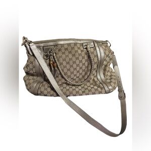 Gucci GG canvas Bella convertible tote satchel in silver metallic leather trim.